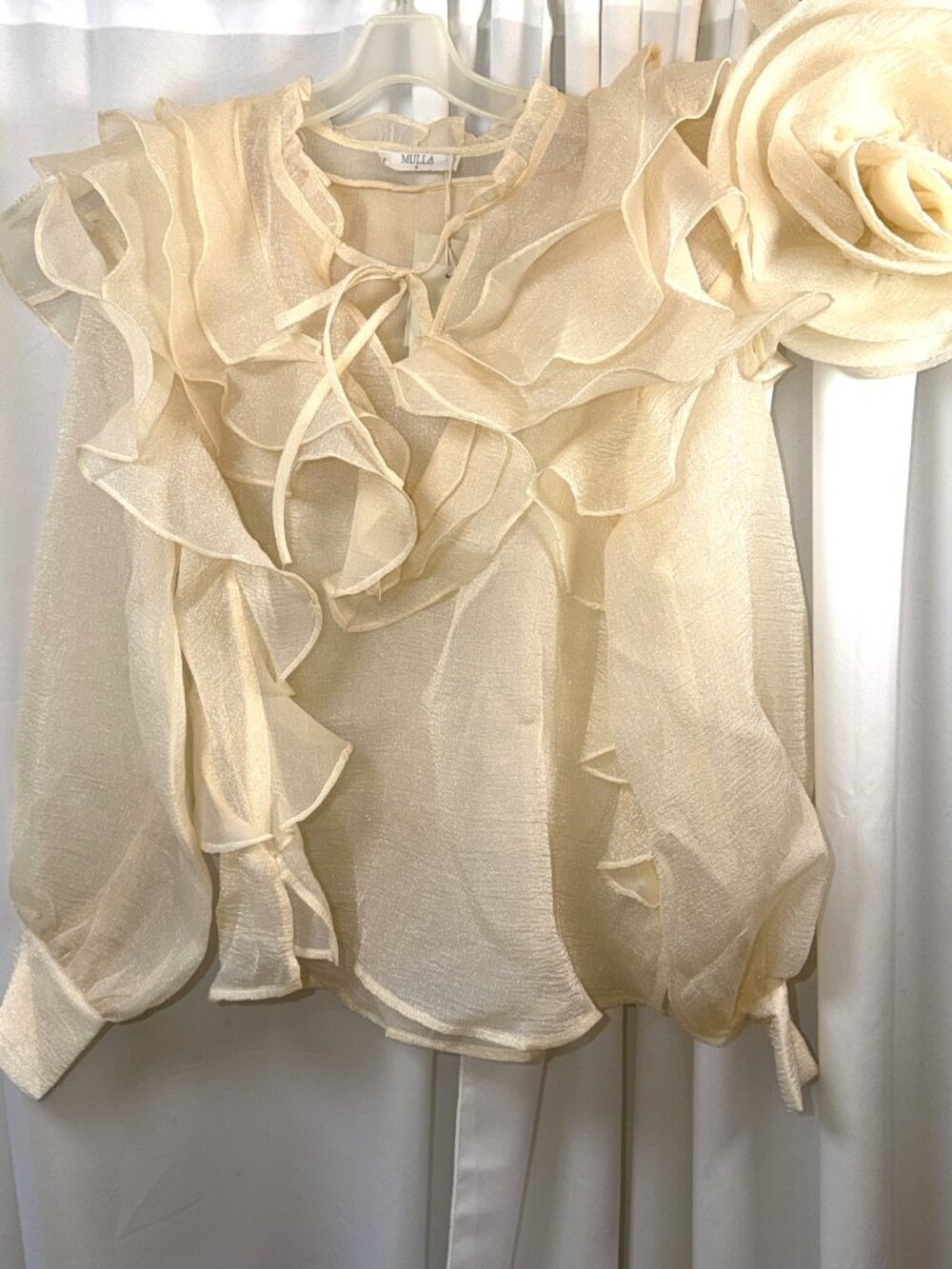 NWT Mulla Women's Sheer Evening Ruffled Long Sleeve Top w/Glittery Finish, Small